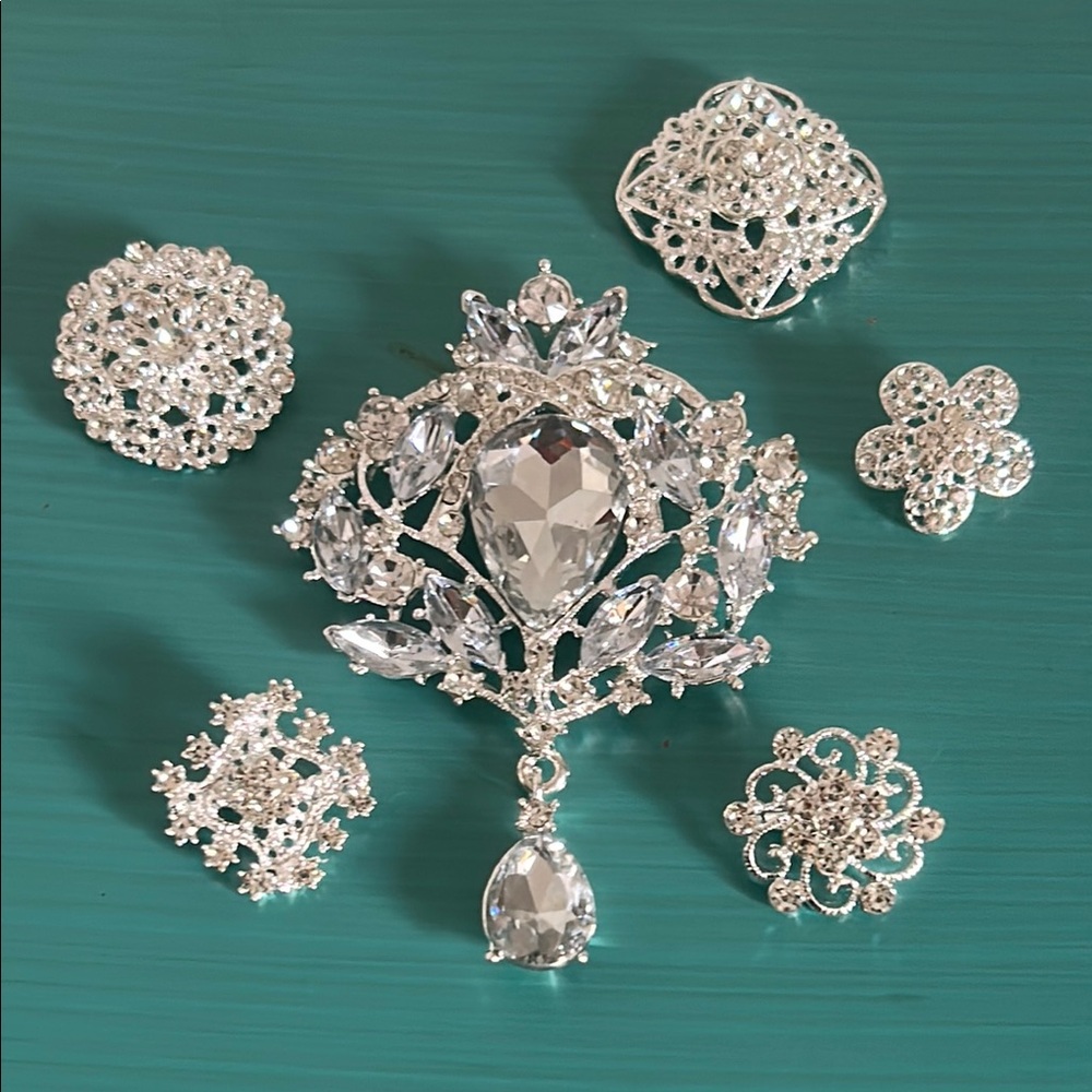 Bridal Wedding Prom Formal 6 Piece Rhinestone Silver Floral Brooch Set - Picture 1 of 9